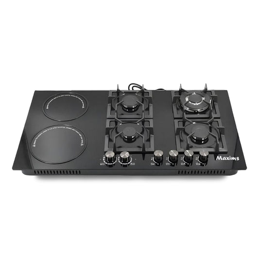 Parrilla Híbrida 90 x 51 cm Maxims de Cristal Templado Negro 6 Quemadores Gas y Eléctrica