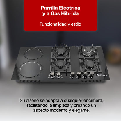 Parrilla Híbrida 90 x 51 cm Maxims de Cristal Templado Negro 6 Quemadores Gas y Eléctrica