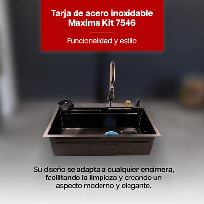 Tarja de Cocina Maxims Kit Fregadero de Cascada Acero Inoxidable con Accesorios Negra