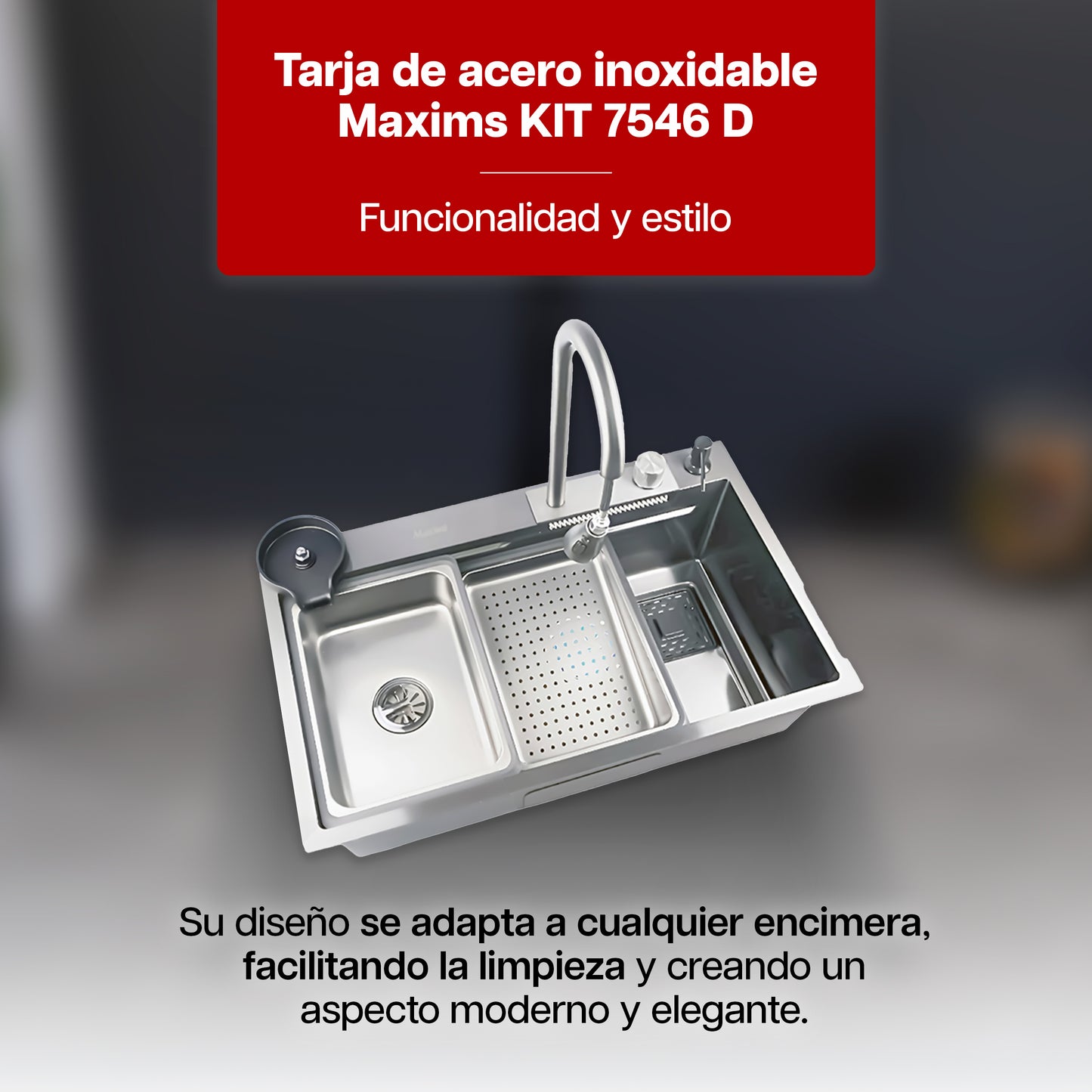 Tarja de Cocina Maxims Kit Fregadero de Cascada Acero Inoxidable con Accesorios Satinada
