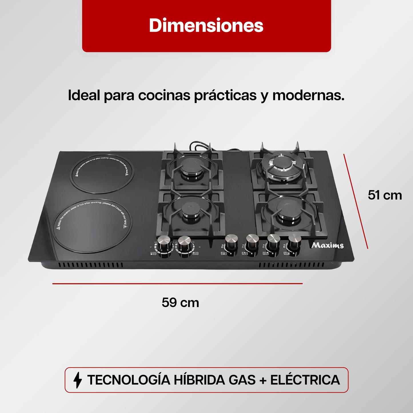 Parrilla Híbrida 90 x 51 cm Maxims de Cristal Templado Negro 6 Quemadores Gas y Eléctrica