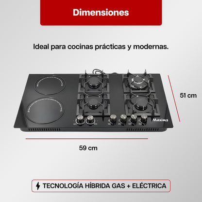 Parrilla Híbrida 90 x 51 cm Maxims de Cristal Templado Negro 6 Quemadores Gas y Eléctrica