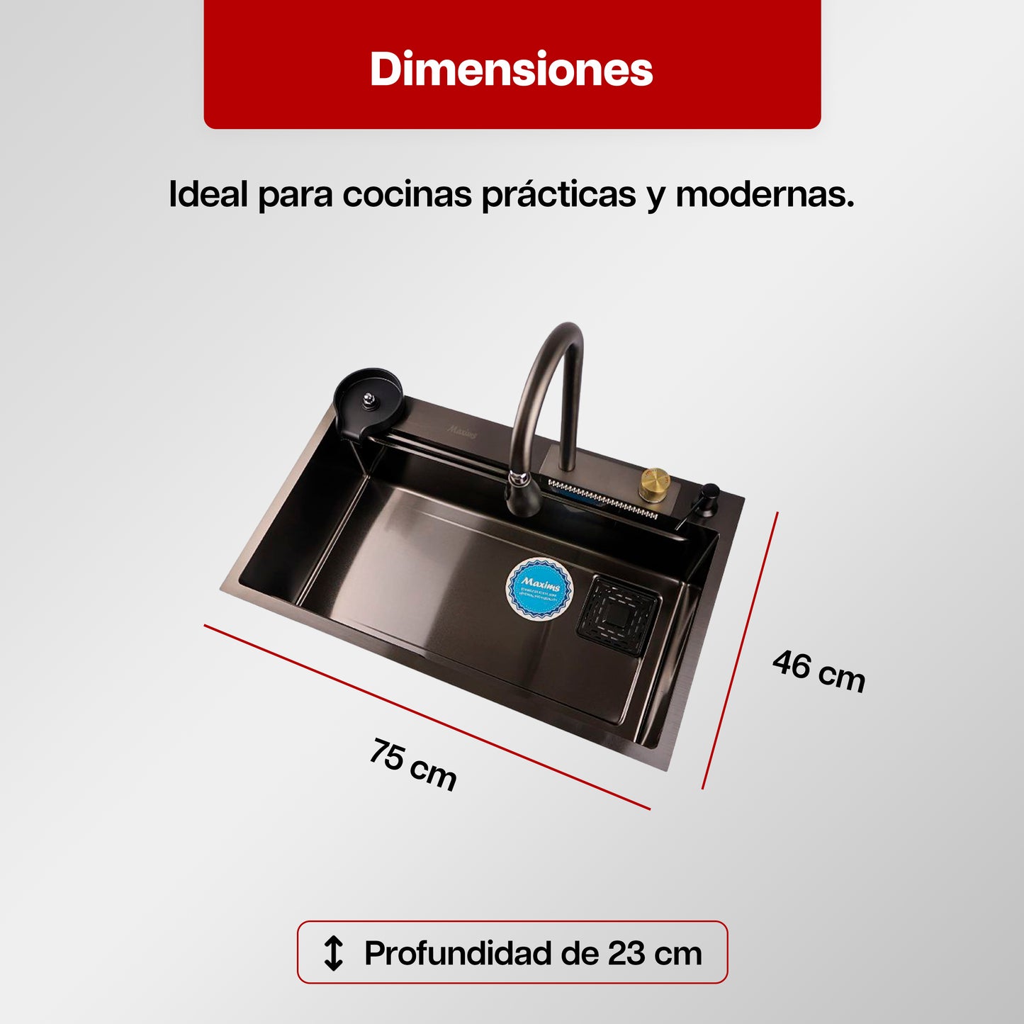 Tarja de Cocina Maxims Kit Fregadero de Cascada Acero Inoxidable con Accesorios Negra