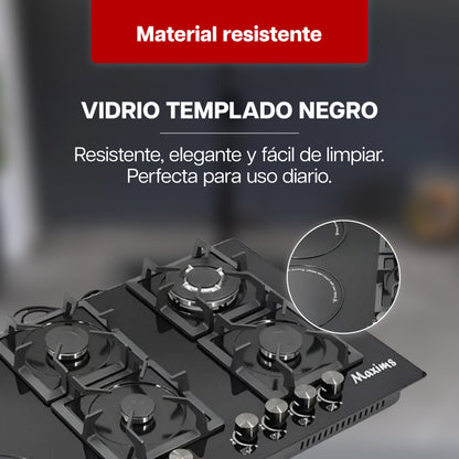 Parrilla Híbrida 90 x 51 cm Maxims de Cristal Templado Negro 6 Quemadores Gas y Eléctrica