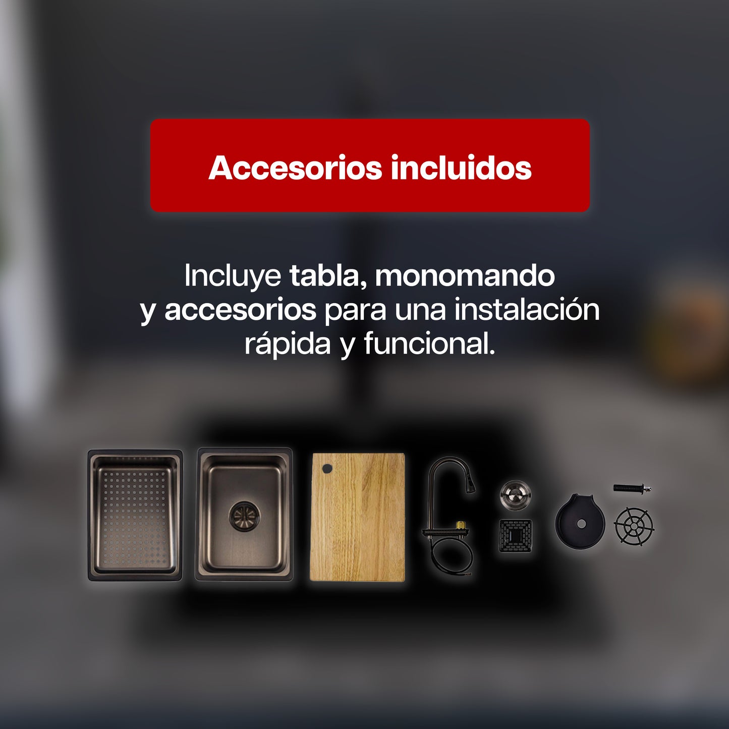 Tarja de Cocina Maxims Kit Fregadero de Cascada Acero Inoxidable con Accesorios Negra