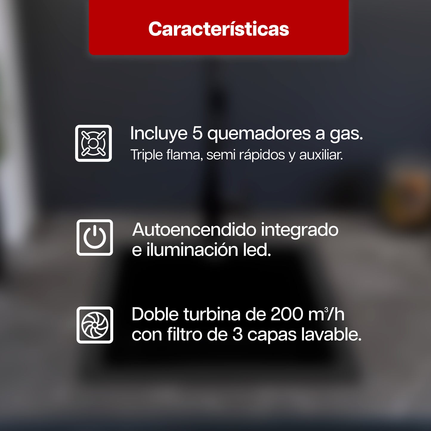 Combo Parrilla a Gas 5 Quemadores Vidrio Negro + Campana Extractora 80 cm