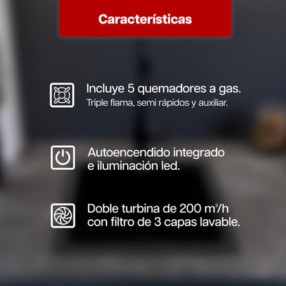 Combo Parrilla a Gas 5 Quemadores Vidrio Negro + Campana Extractora 80 cm
