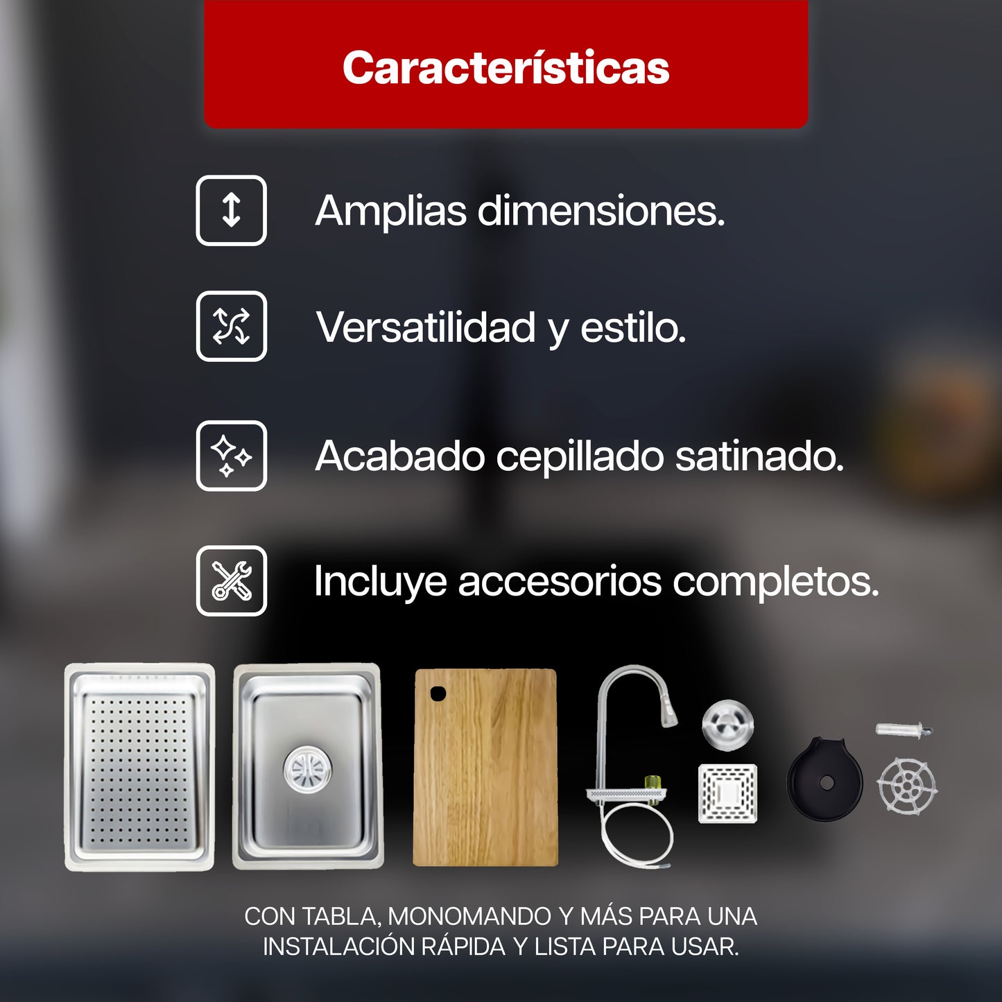 Tarja de Cocina Maxims Kit Fregadero de Cascada Acero Inoxidable con Accesorios Satinada