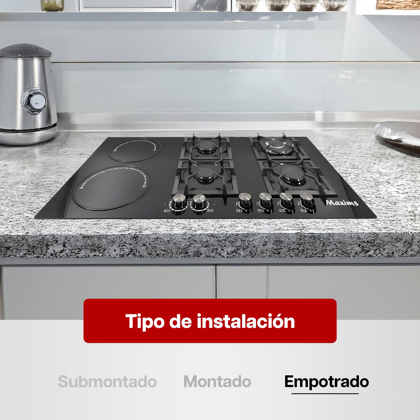 Parrilla Híbrida 90 x 51 cm Maxims de Cristal Templado Negro 6 Quemadores Gas y Eléctrica