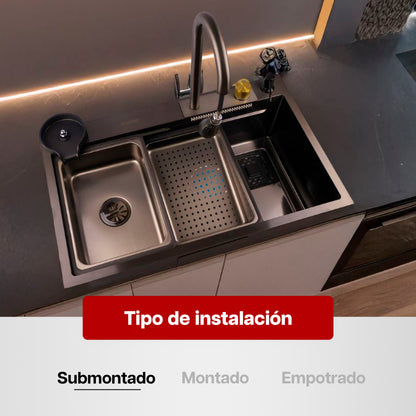 Tarja de Cocina Maxims Kit Fregadero de Cascada Acero Inoxidable con Accesorios Negra