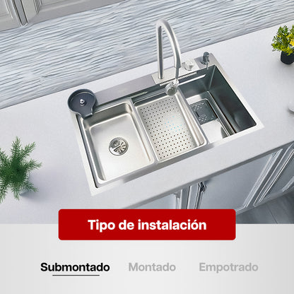 Tarja de Cocina Maxims Kit Fregadero de Cascada Acero Inoxidable con Accesorios Satinada