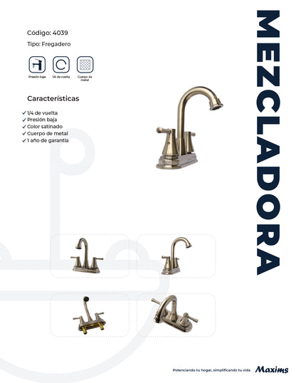 Mezcladora para Lavabo 20 cm Maxims Satinado Metálica con 2 Manerales