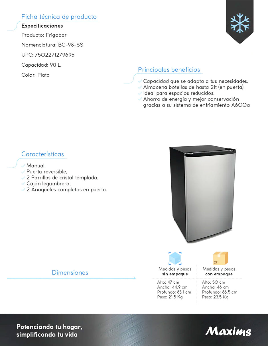 Frigobar Maxims de Acero Inoxidable 90 L con Freezer