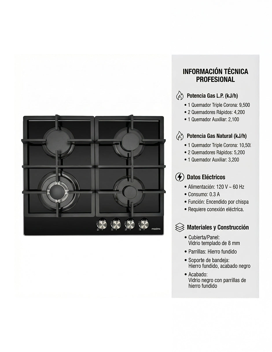 Parrilla a Gas 60 x 51 cm Maxims de Cristal Templado Negro 4 Quemadores