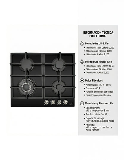 Parrilla a Gas 60 x 51 cm Maxims de Cristal Templado Negro 4 Quemadores