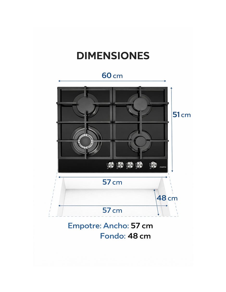 Parrilla a Gas 60 x 51 cm Maxims de Cristal Templado Negro 4 Quemadores