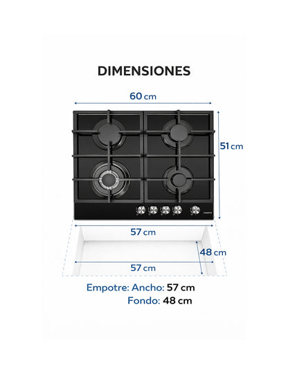 Parrilla a Gas 60 x 51 cm Maxims de Cristal Templado Negro 4 Quemadores