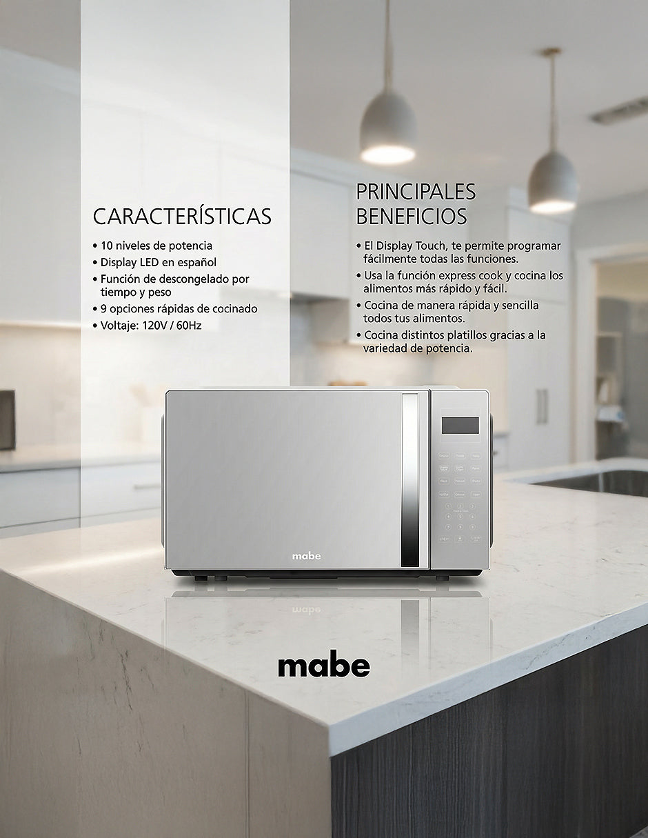 Microondas 30 L Mabe Gris con Display Touch, 10 Niveles de Potencia y Programas Automáticos