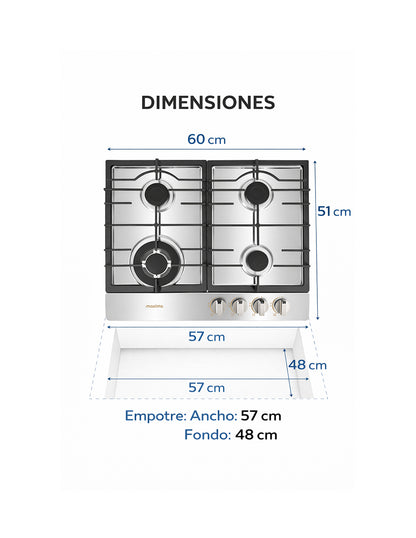 Parrilla a Gas 60 x 51 cm Maxims de Acero Inoxidable 4 Quemadores