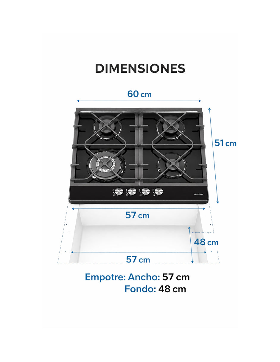 Parrilla a Gas 60 x 51 cm Maxims de Cristal Templado Negro 4 Quemadores