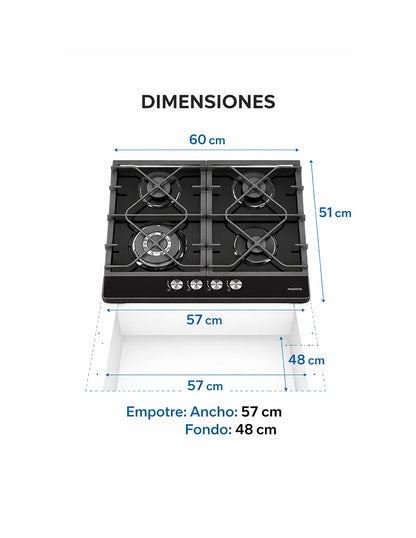 Parrilla a Gas 60 x 51 cm Maxims de Cristal Templado Negro 4 Quemadores