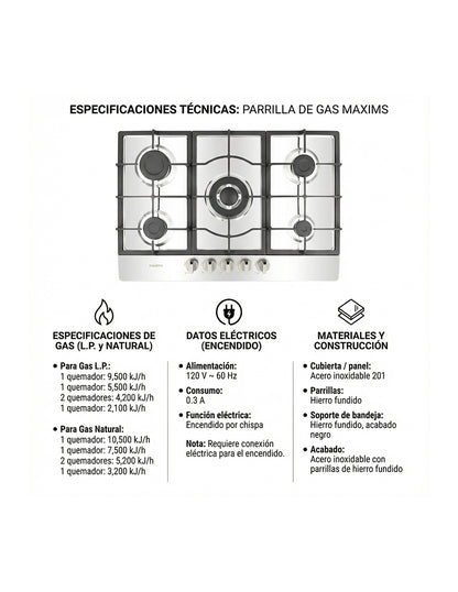 Parrilla a Gas 76 x 51 cm Maxims de Acero Inoxidable 5 Quemadores