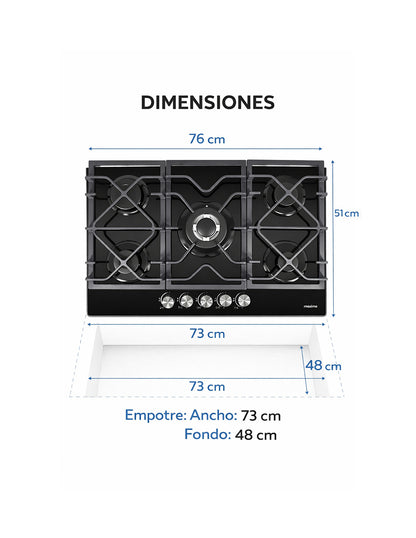 Parrilla a Gas 76 x 51 cm Maxims de Cristal Templado Negro 5 Quemadores